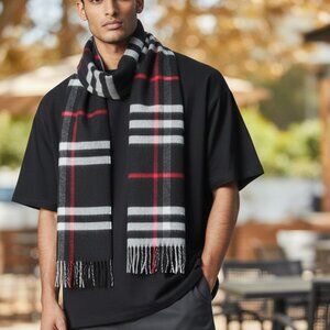 2/$30 Men's Black White Red Plaid Tassel Scarf Black Cashmere Feel Long Winter